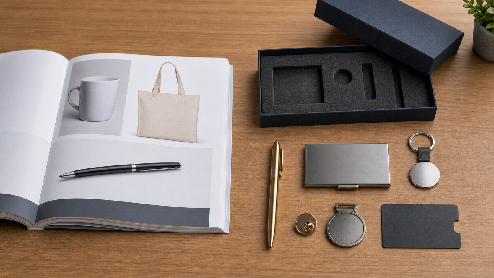 Standard catalogue products beside custom metal gift project components
